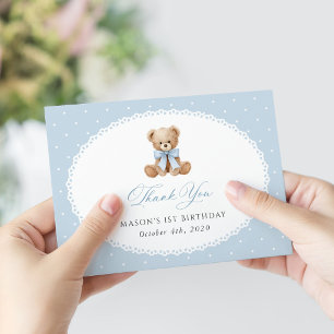 Carte De Remerciements Nounours, Nœud, Points bleus, Premier Anniversaire
