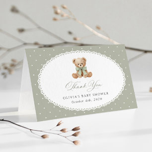 Carte De Remerciements Nounours, Nœud, Points verts, Baby Shower