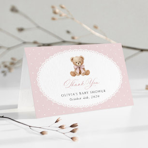 Carte De Remerciements Nounours rose, noeud papillon rose, bébé fête prén