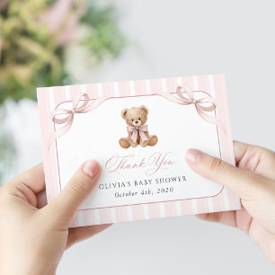 Carte De Remerciements Nounours rose, ruban rose, rayures roses, Baby Sho