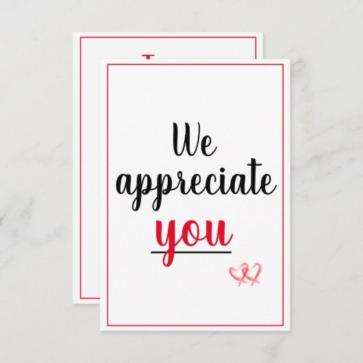Carte De Remerciements Nous Vous Apprécions Appréciation Gesture Coeurs (Devant / Derrière)