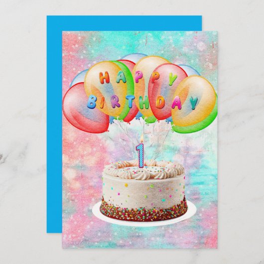 Carte De Remerciements Numéro 1 Bougie sur gâteau, Joyeux anniversaire, C (Devant / Derrière)