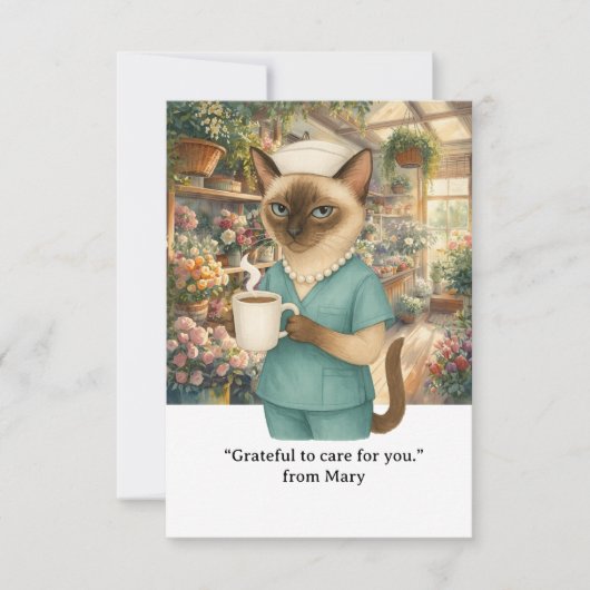 Carte De Remerciements Nurse boit du café devant le fleuriste shop (Devant)
