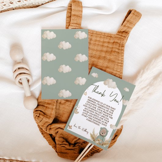 Carte De Remerciements Nursery Boho Bear Baby shower vert Floral
