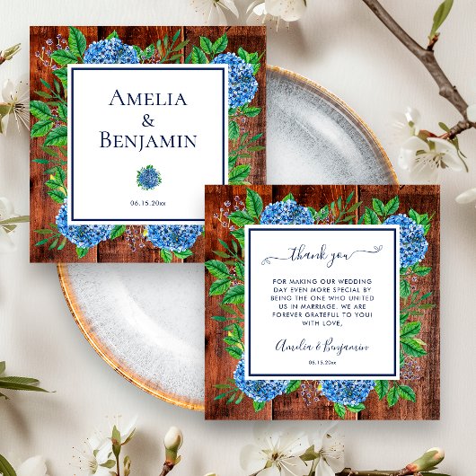 Carte De Remerciements Officier Mariage Rustique Bois Blue Hydrangeas