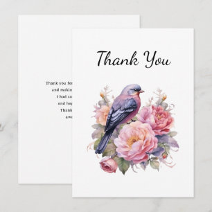 Carte De Remerciements Oiseau chanteur perché sur des pivoines roses