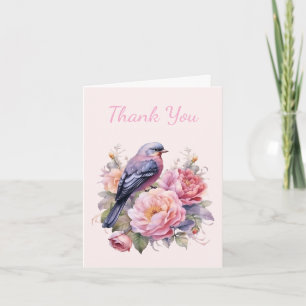 Carte De Remerciements Oiseau chanteur perché sur des pivoines roses