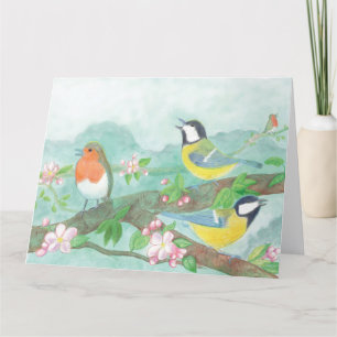 Carte De Remerciements Oiseaux chantant sur une branche d'arbre en fleurs