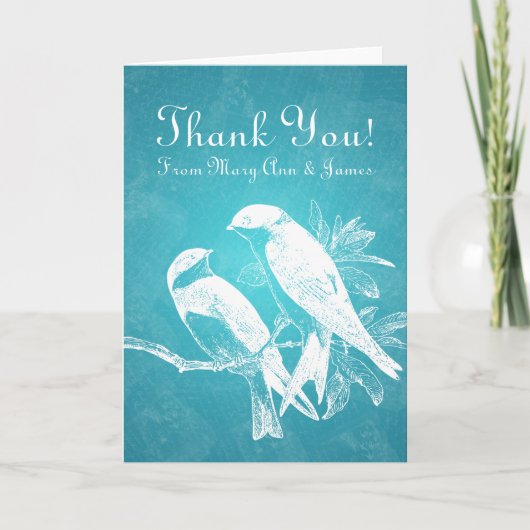 Carte De Remerciements Oiseaux de l'amour de mariage "Merci" Bleu (Devant)