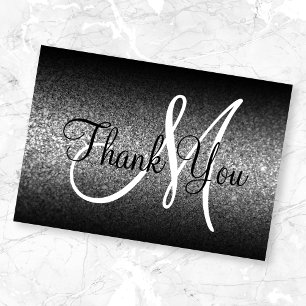 Carte De Remerciements Ombre Noir Monogramme Paillettes Argentées