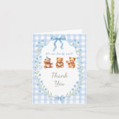Carte De Remerciements On peut attendre le Baby shower bleu En vichy (Devant)