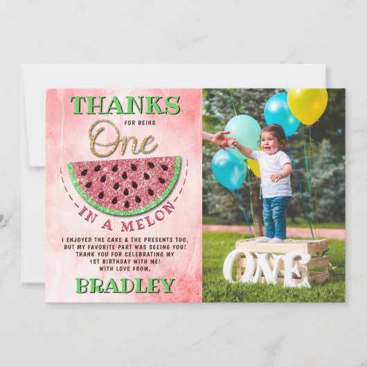 Carte De Remerciements One In A Melon 1st Birday Photo (Devant)