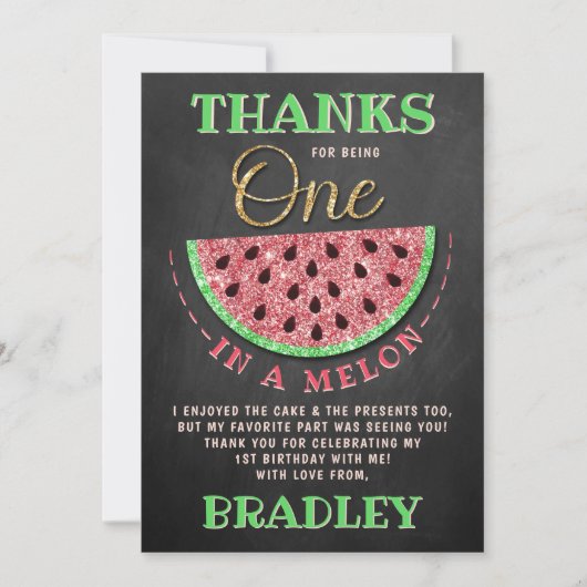 Carte De Remerciements One In A Melon Chalkboard 1er anniversaire (Devant)