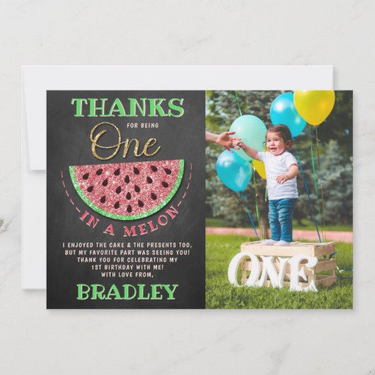 Carte De Remerciements One In A Melon Chalkboard 1er Anniversaire Photo (Devant)