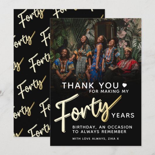 Carte De Remerciements Or 40ème anniversaire moderne noir quarante texte  (Devant / Derrière)