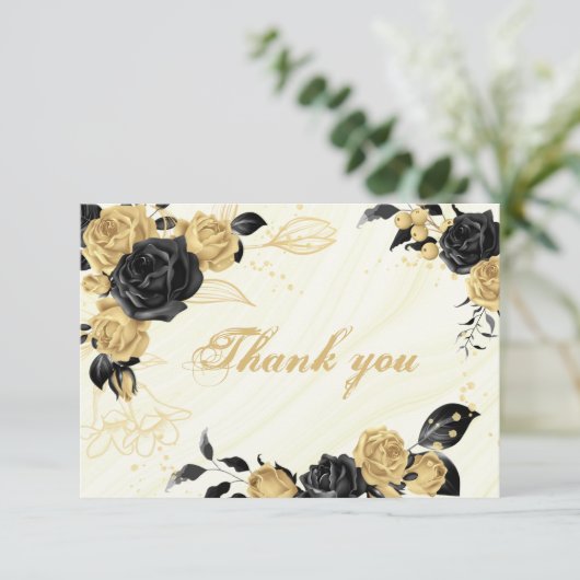 Carte De Remerciements or élégant et fleurs noires botanique (Debout devant)