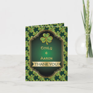 Carte De Remerciements Or, trèfle irlandais vert et cadre de mariage Merc