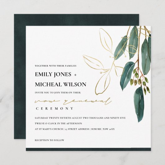 CARTE DE REMERCIEMENTS OR VERT EUCALYPTUS FOLIAGE VOW RENOUVELLEMENT INVI (Devant / Derrière)