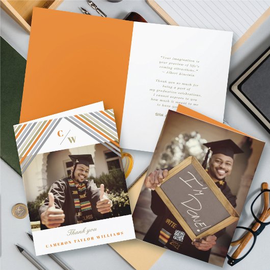 Carte De Remerciements Orange Diagonal Stripes Photo Moderne Graduation