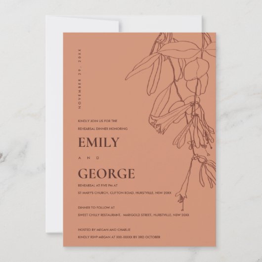 CARTE DE REMERCIEMENTS ORANGE RUST DESWING FLORAL REHEARSAL DÎNER INVITAT (Devant)