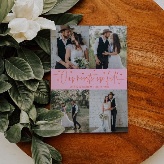 Carte De Remerciements Our Hearts Are Full Wedding Photo Orange Pink