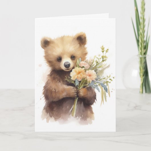 Carte De Remerciements Ours aquarelle avec Bouquet (Devant)
