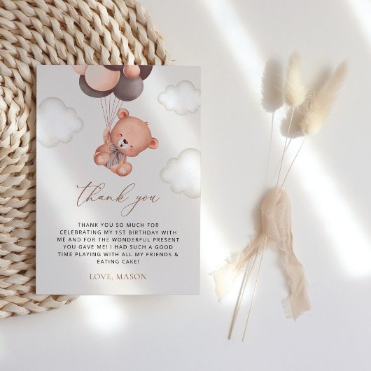 Carte De Remerciements Ours, Ballons Brown, Premier Anniversaire
