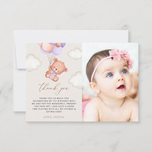 Carte De Remerciements Ours De Bébé, Ballons Violets, Premier Anniversair (Devant)