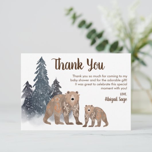 Carte De Remerciements Ours en forêt d'hiver Scandi Baby shower neutre (Debout devant)