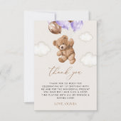 Carte De Remerciements Ours En Jeu, Ballons Violets, Premier Anniversaire (Devant)