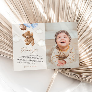 Carte De Remerciements Ours En Joue, Ballons Bleus, Premier Anniversaire