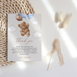 Carte De Remerciements Ours En Joue, Ballons Bleus, Premier Anniversaire