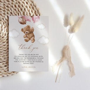Carte De Remerciements Ours En Joue, Ballons Roses, Premier Anniversaire