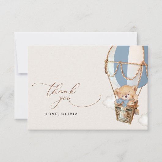 Carte De Remerciements Ours en peluche, Bleu à air chaud, Baby shower (Devant)