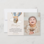 Carte De Remerciements Ours en peluche, Bleu à air chaud, premier anniver (Devant)