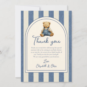 Carte De Remerciements Ours en peluche en denim pour Baby Shower Bleu Jea