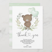 Carte De Remerciements Ours en peluche mignon avec ballons vert Wreath Ba (Devant / Derrière)
