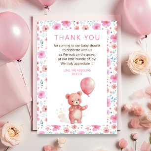 Carte De Remerciements Ours en peluche mignon ballon rose Fête de bébé fi