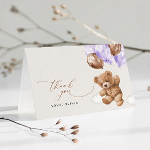 Carte De Remerciements ours en peluche, ours bébé, ballon violet, Baby sh