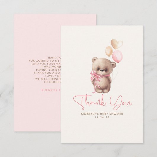 Carte De Remerciements Ours en peluche Remerciement pour Baby Shower Cute (Devant / Derrière)