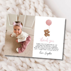 Carte De Remerciements Ours en peluche rose pour un premier anniversaire,