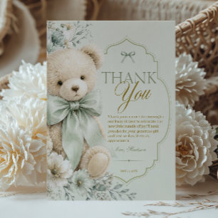Carte De Remerciements Ours en peluche vert élégant floral