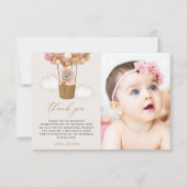 Carte De Remerciements Ours mignon, Ballons roses, Premier Anniversaire (Devant)