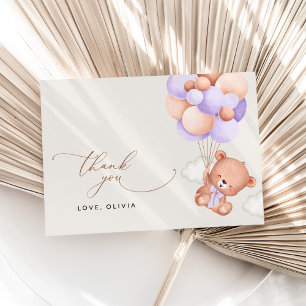 Carte De Remerciements Ours, Ours mignon, Ballons pourpres, Baby shower
