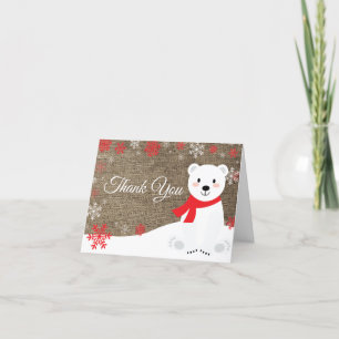 Carte De Remerciements Ours polaire d'hiver flocon de neige rouge toile d