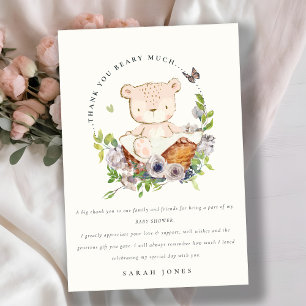 Carte De Remerciements Ours Teddy Mignonne Dans Panier Fleur Baby shower