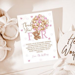 Carte De Remerciements Ourson Fille à peine attendre ballons roses baby s