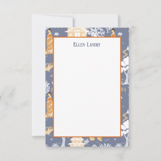 Carte De Remerciements Pagode de la Chinoiserie bleue et orange (Devant)