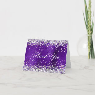 Carte De Remerciements Pailleté Argent Faux Paillettes Indigo Violet Feui