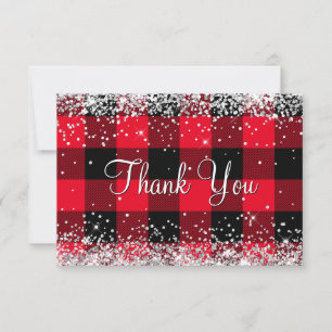 Carte De Remerciements Pailleté argent scintillant plaid rouge de Buffalo